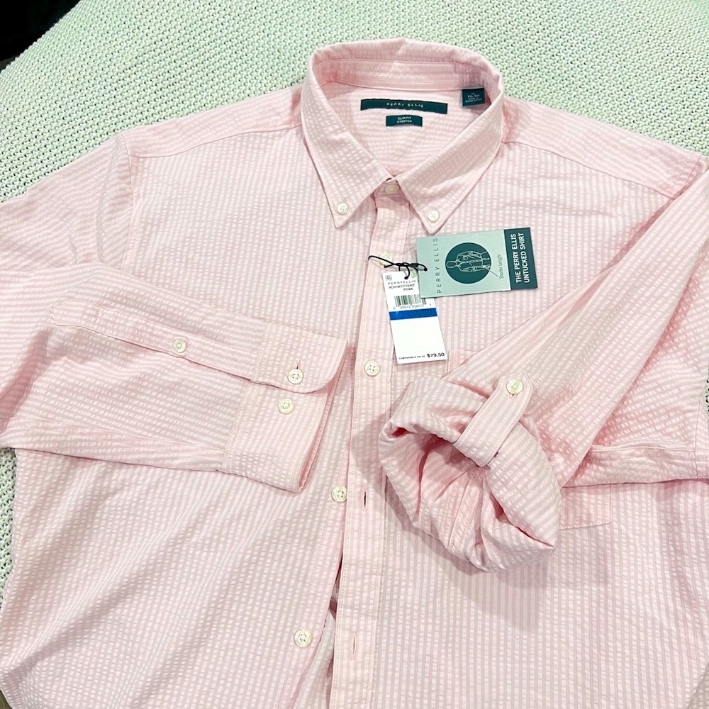 Perry Ellis Men's Light Pink Striped Button Down Shirt - Picture 4 of 11
